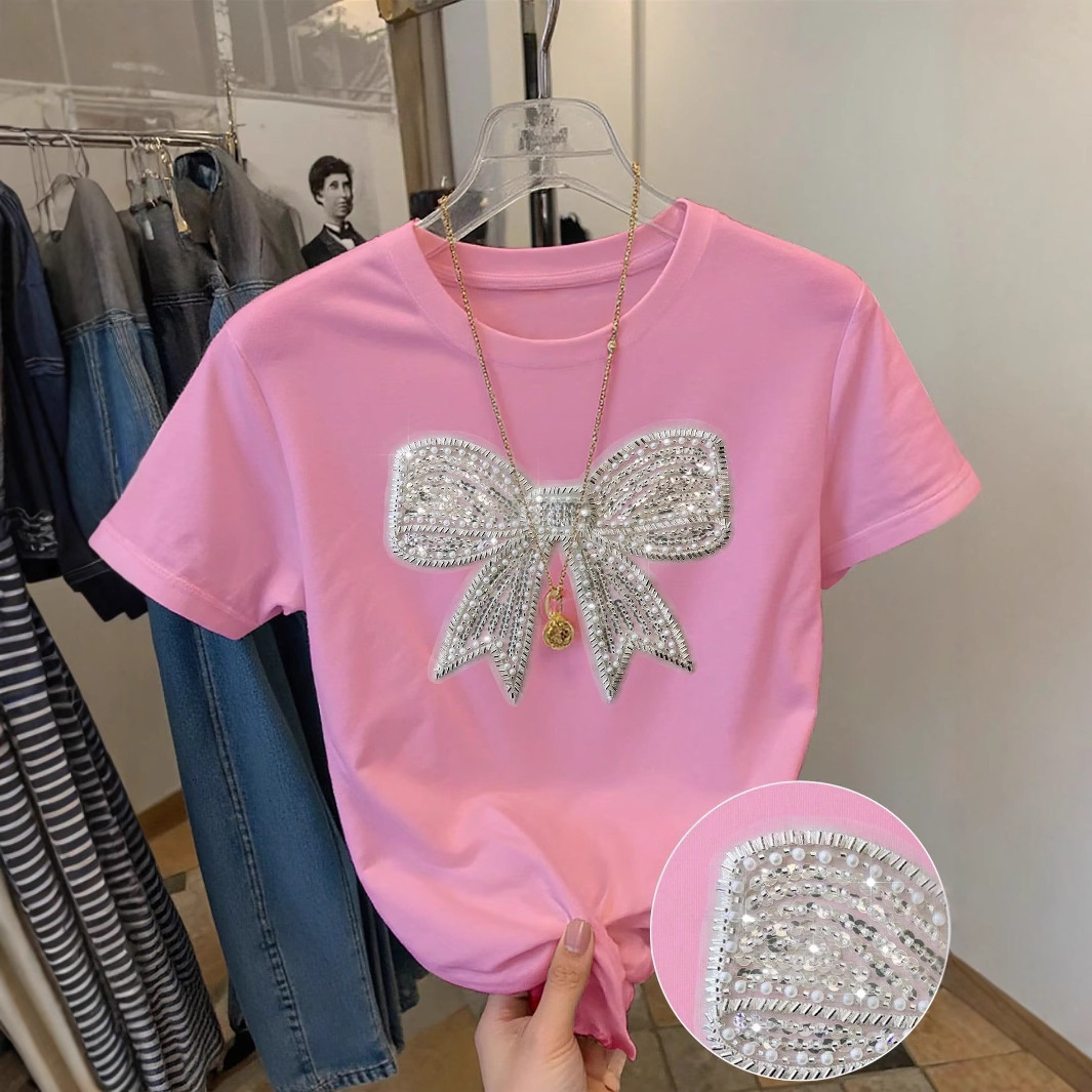 Designer T Shirt European And American Summer New Women S Fashion Cross Border Trade Casual Commuter Loose Round Neck Bow Print T Shirt Short Essentia