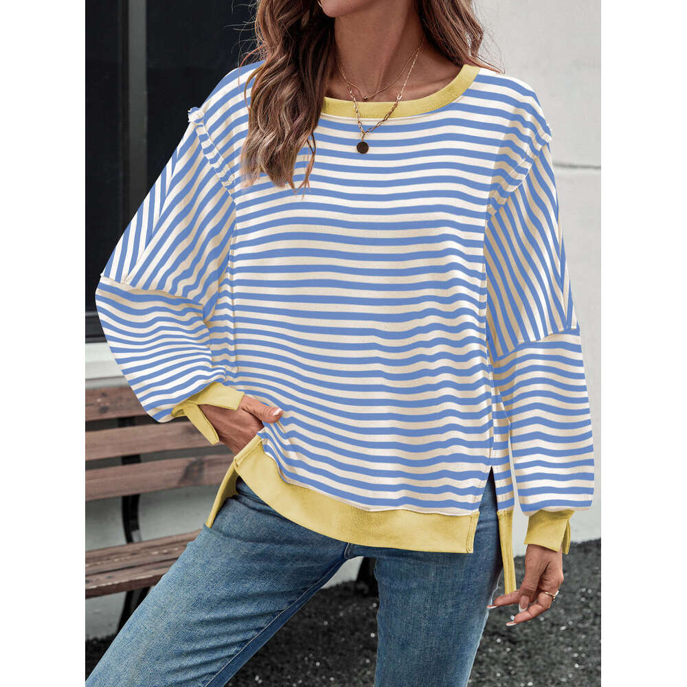 Hot Selling Casual Loose Autumn Winter Long Sleeve Striped Split Round Neck Design Street Style Sweatshirt Top