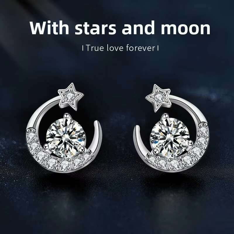 Delicate Summer Ear Jewelry Moissanite 925 Sterling Silver Star Moon Earrings Ear Studs with Needle Design