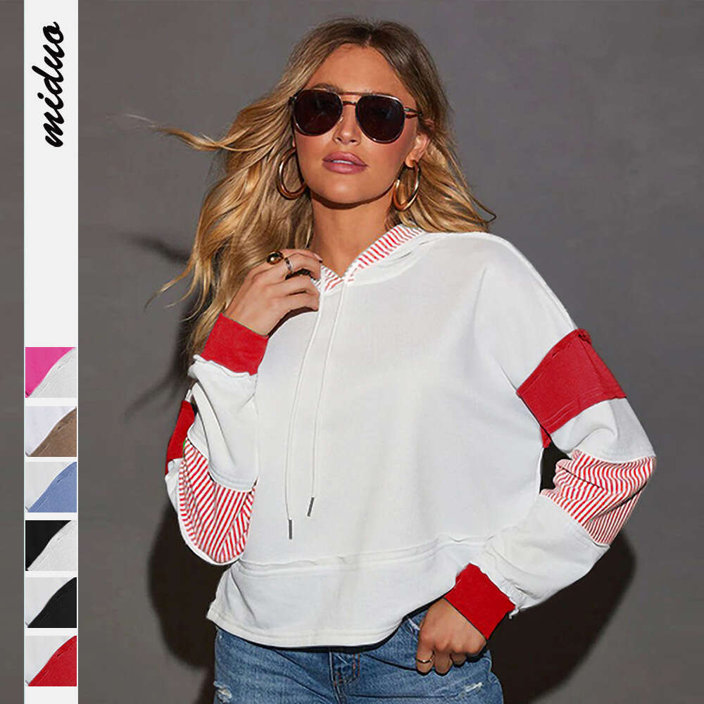 Fashion Color-Block Striped Hoodie Women's Loose Drawstring Design Sense Patchwork American Style Casual Sweatshirt