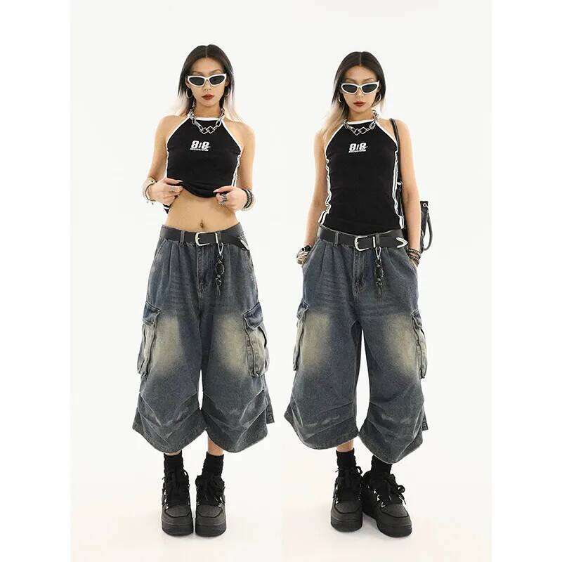 American Style Women Vintage Washed Workwear Denim Shorts With Multiple Pockets Pleated Design Loose Drapey Seven-Foot Pants