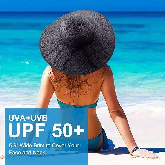 Outdoor Beach Women Big Straw Wide Brim Summer Floppy Foldable Roll up Cap UPF 50+ Sun Hat