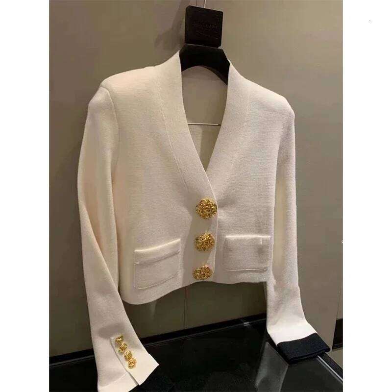 Women Fashion Solid Knitted Cardigan 2023 Autumn Winter New Vintage Gold Buttons Sweater Female Tops Simple Casual Knitwear