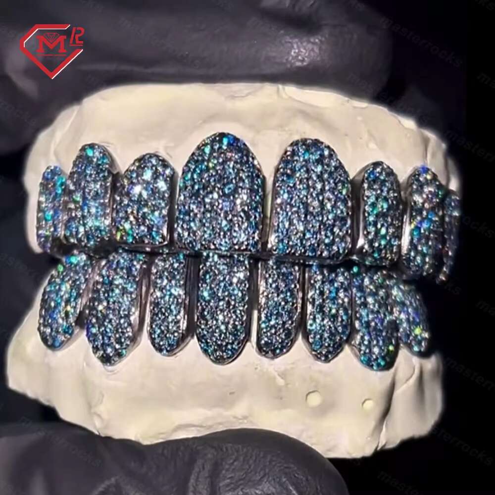 Best Shinning Blue Stones Teeth Grillz for Men 8 on 8 Permanent Cut Honey Comb 925 Silver Custom Iced Out Grillz