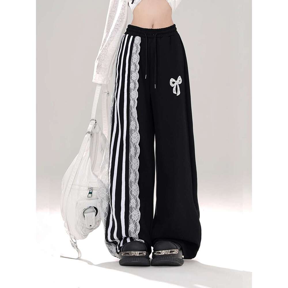 High Quality Hot Selling Wholesale Loose Lace Casual Women Wide Straight Leg Striped Drawstring Pants Streetwear