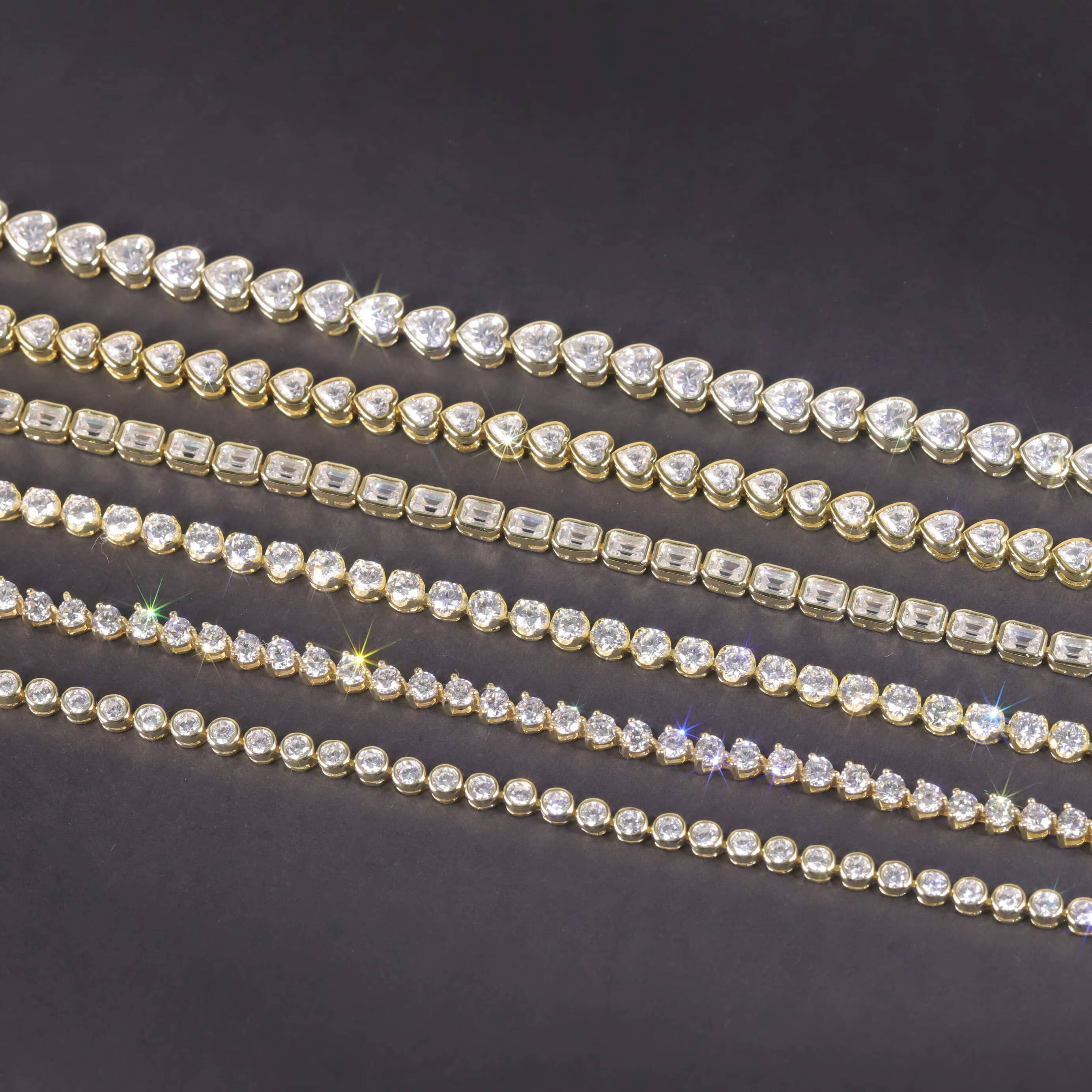 Chinese Jewelry Factory VVS Square Heart Pure Sier Gold Silicon Stone Tennis Chain Bracelet