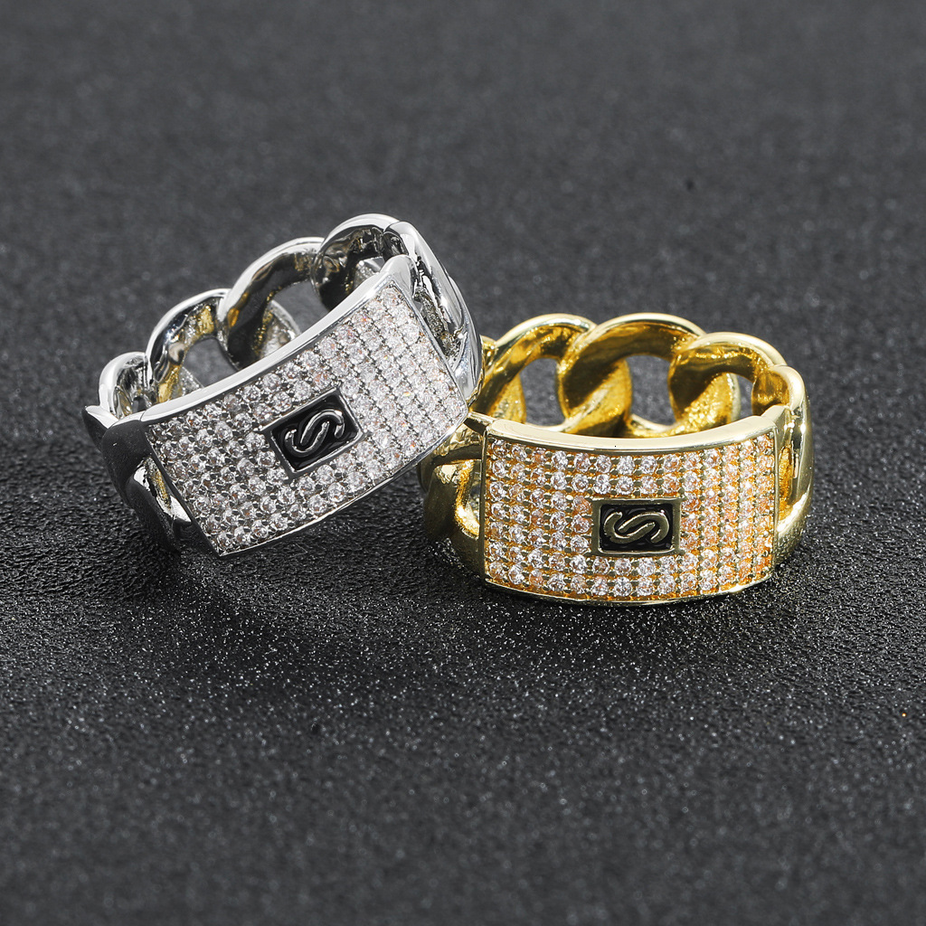 Unique Fashion Hip-Hop Geometric Moissanite Ring 14K Gold Full Diamond Cuban Chain Design Trendy Ring moissanite