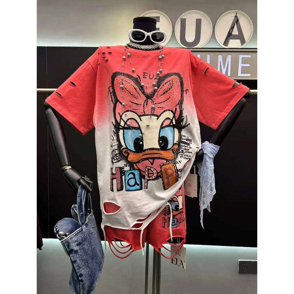 Popular Hole Design Cartoon Short-sleeved T-shirt Set Women's 2025 Summer New Loose Casual Age-reducing Short Top Pullover 13742