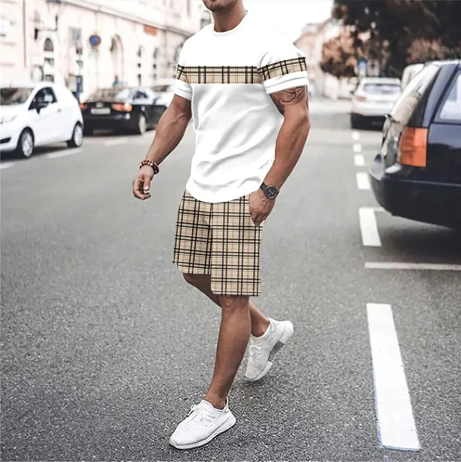 Summer vocation Mens Tshirt Set 3D Print Solid Color Men Round Neck TShirt Shorts Two Piece Casual Man Suits Clothing 250530