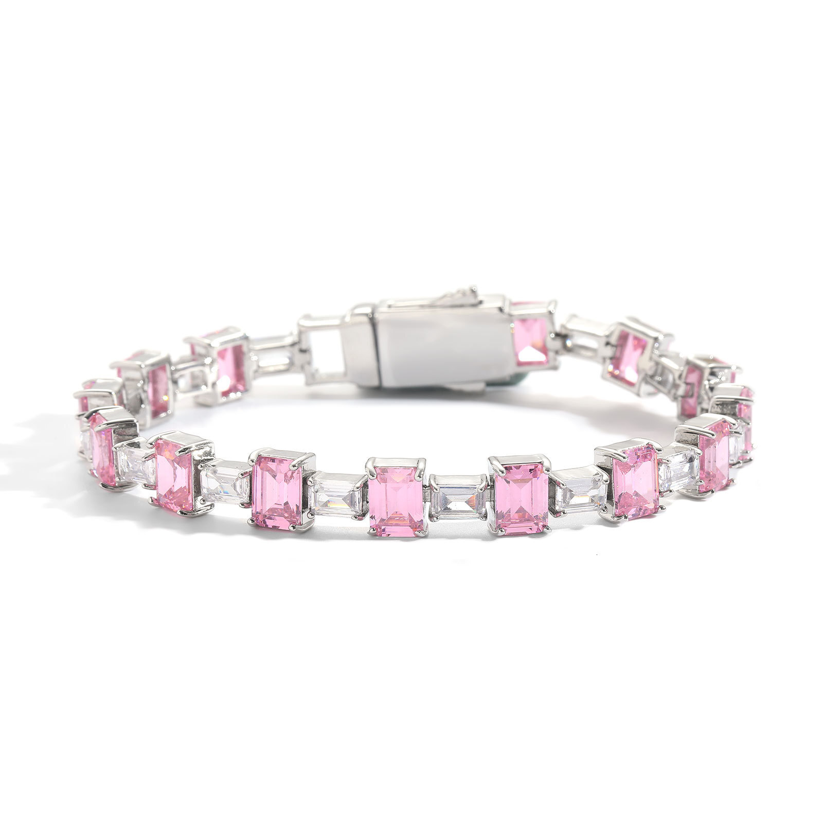 Hip Hop Bracelet Pink Color Block Square Moissanite Simple Tennis Chain Personality Hip Hop Moissanite Unisex Hip Hop Trendy Brand Bracelet moissanite