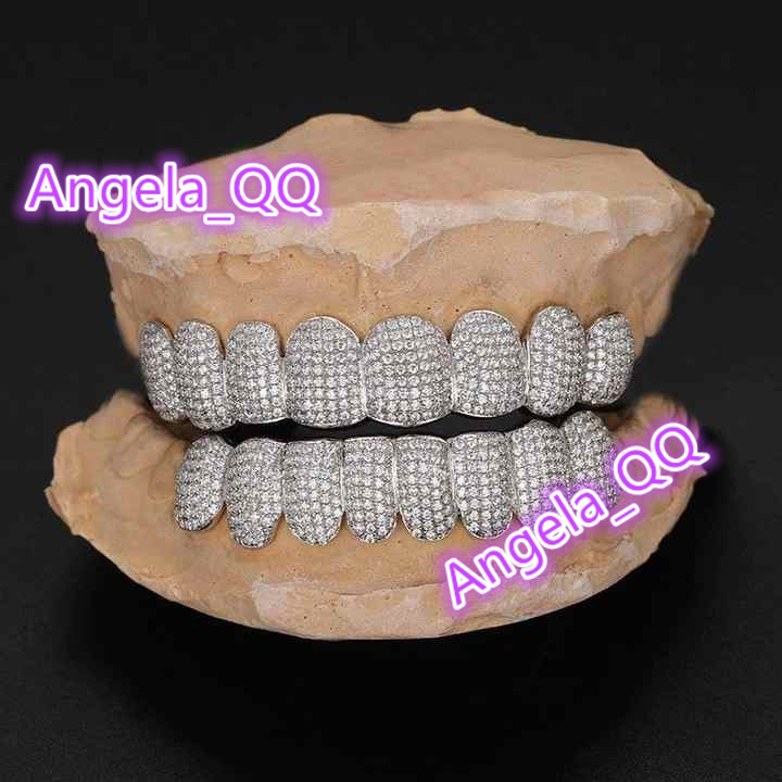 Wholesale Custom Hip Hop Teeth Grillz 8 Top 8 Bottom Fully Iced Out 925 Sterling Silver Diamond Moissanite Grillz for Men