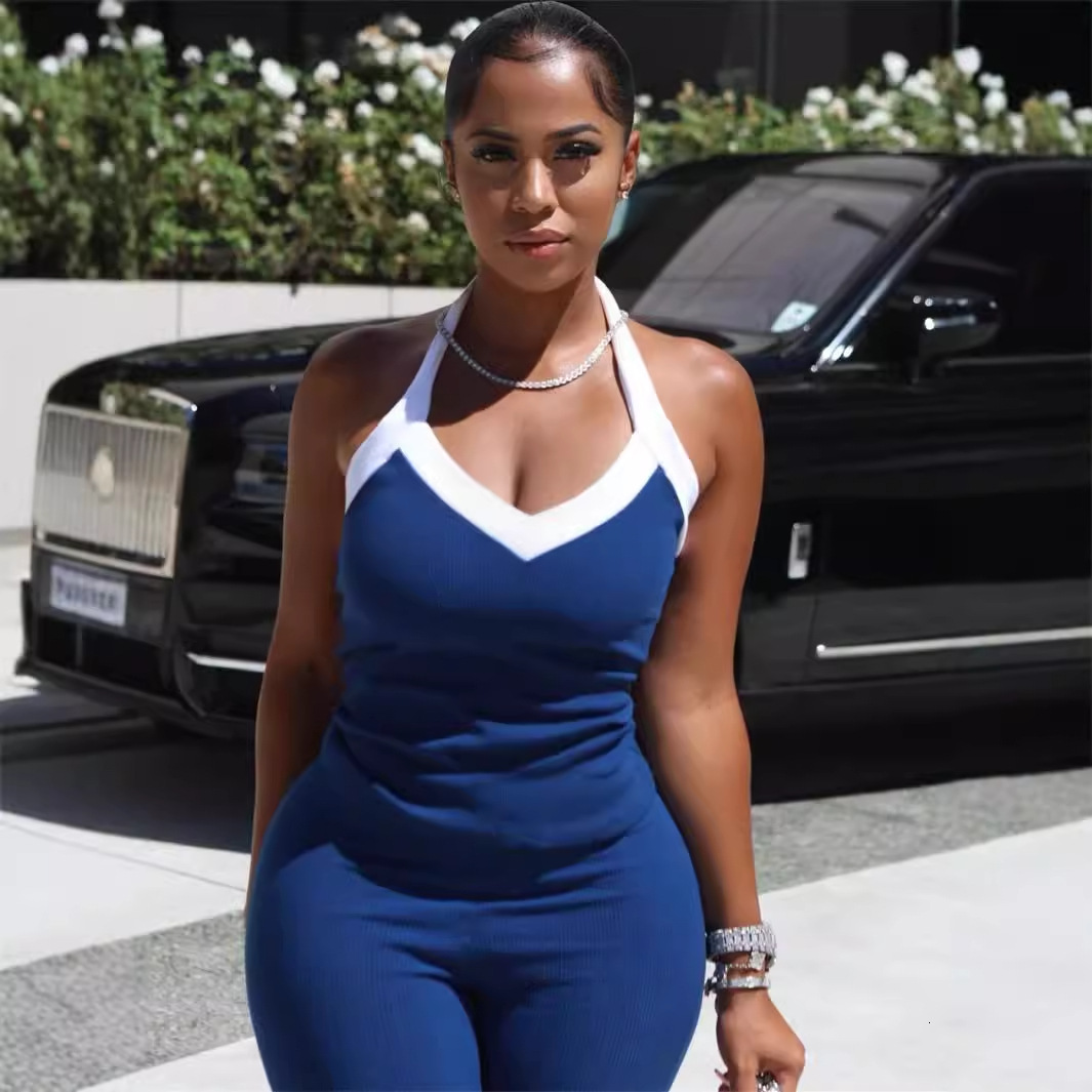 Designer T Shirt Summer European And American New Fashion Elastic Color Block Halter Vest Top Tight Fitting Mid Length Pants Set For Women Essentials 