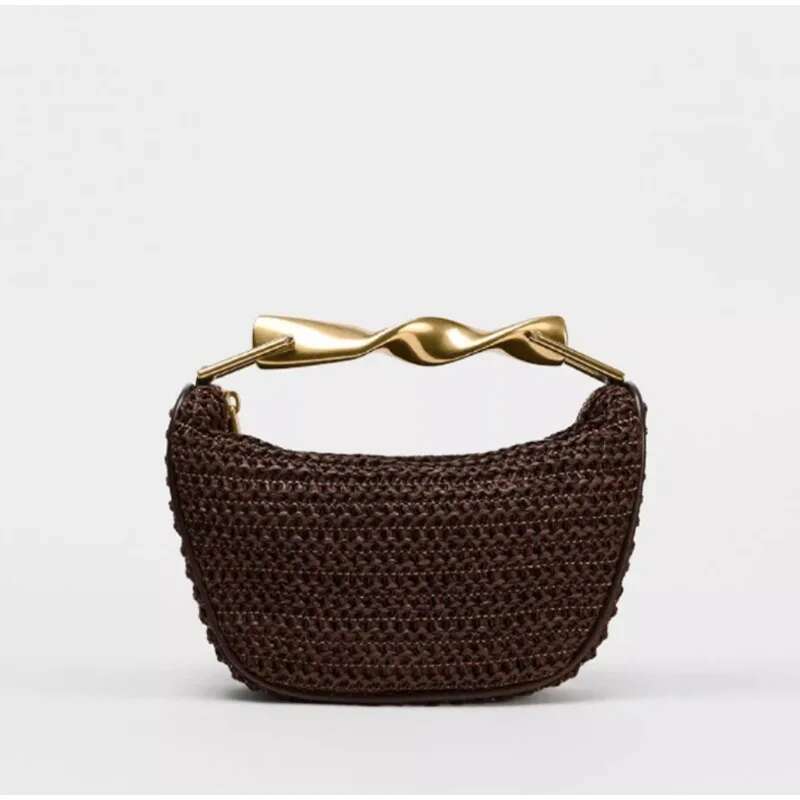 Summer Rattan Woven Crossbody Shoulder Bag,Half-Moon Beach Tote Bag,Women Designer Purse,Casual Metal Handle Straw Handbag