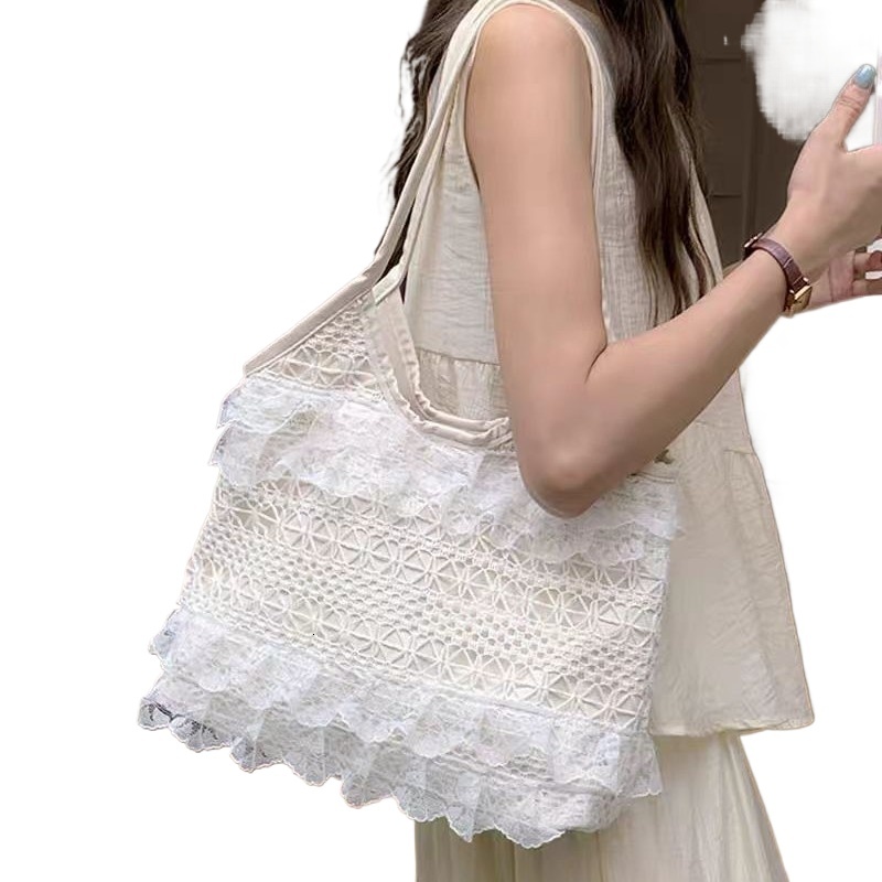 designer Ins Style Fairy Lace Trim Woven Bag for Women Summer Casual Vacation Shoulder Bag Large Capacity Tote Bag