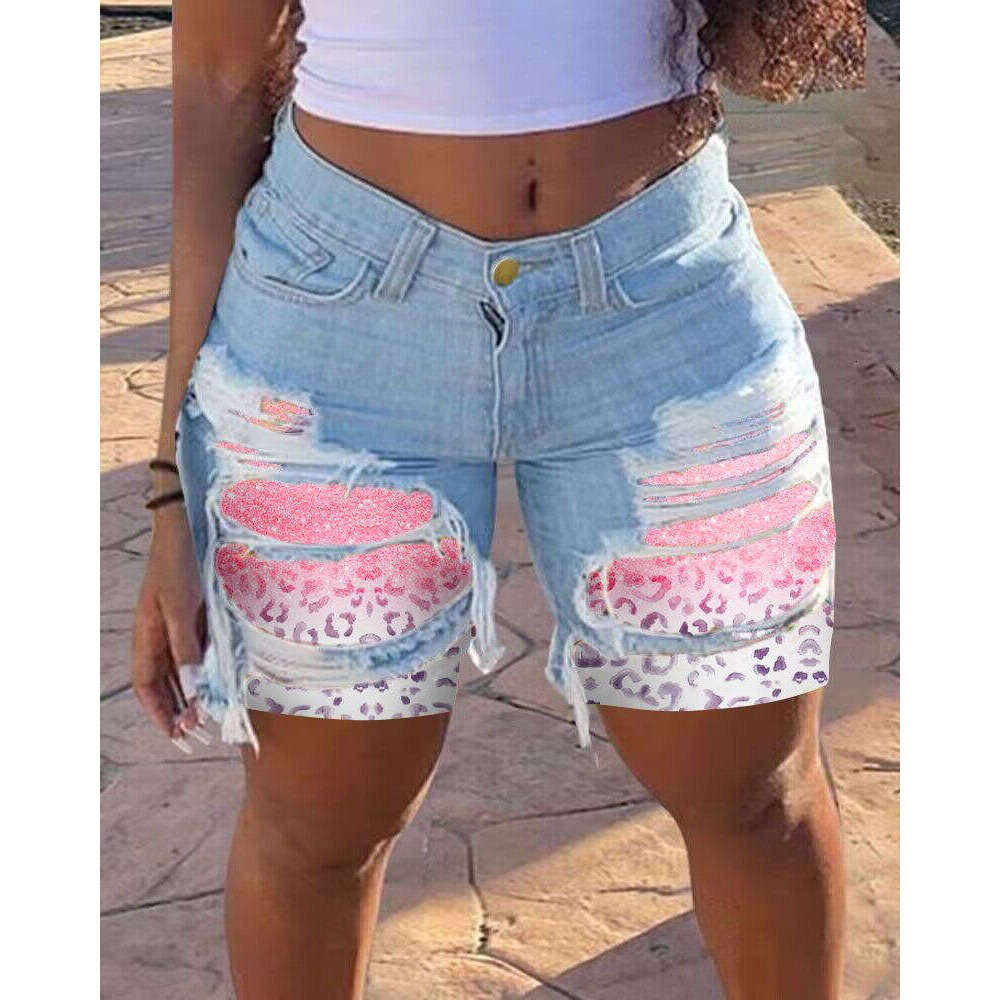 Denim Shorts Jeans Shorts Spring Summer New Patchwork Denim For Women Unique Street Style Ripped Straight Mid Length Shorts Ripped Short Jeans