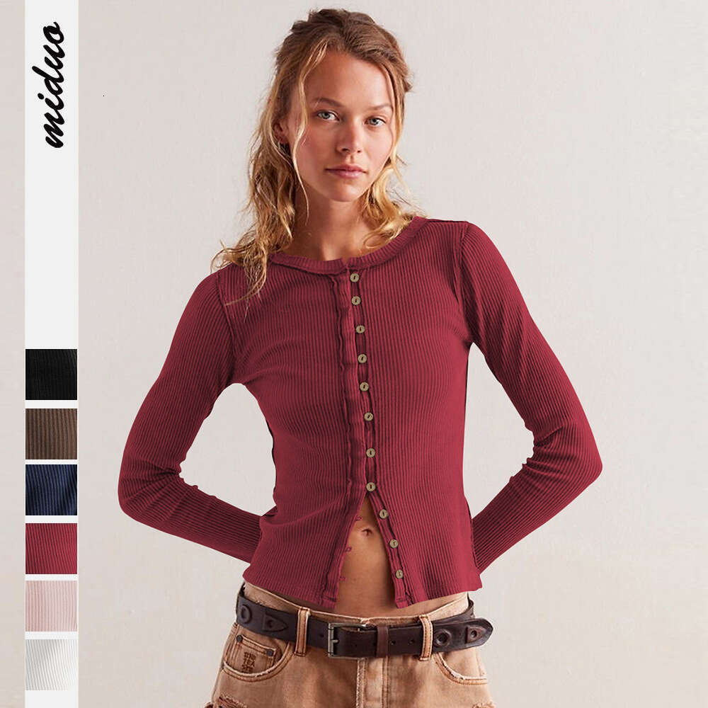 Fashion 2025 Women's Long Sleeve Round Neck Button Ribbed Solid Color Autumn Winter Warm Cardigan Jacket for Women