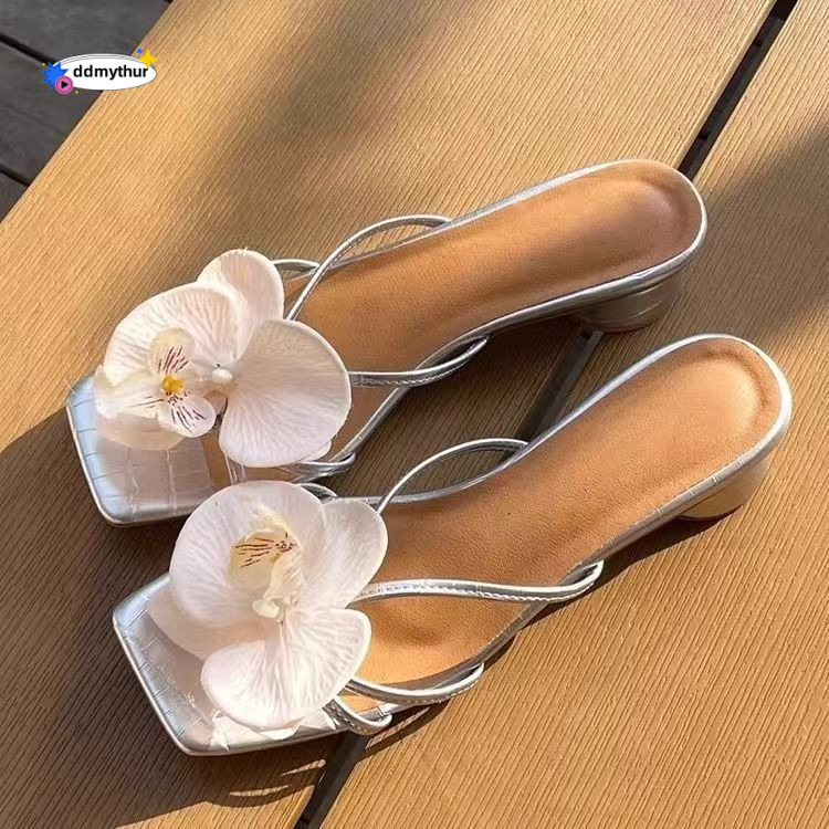 Sheepskin Version~Thailand Niche Floral Sandals for Women Summer Comfortable Square Open Toe Chunky Heel Outdoor Half Mules High Heels