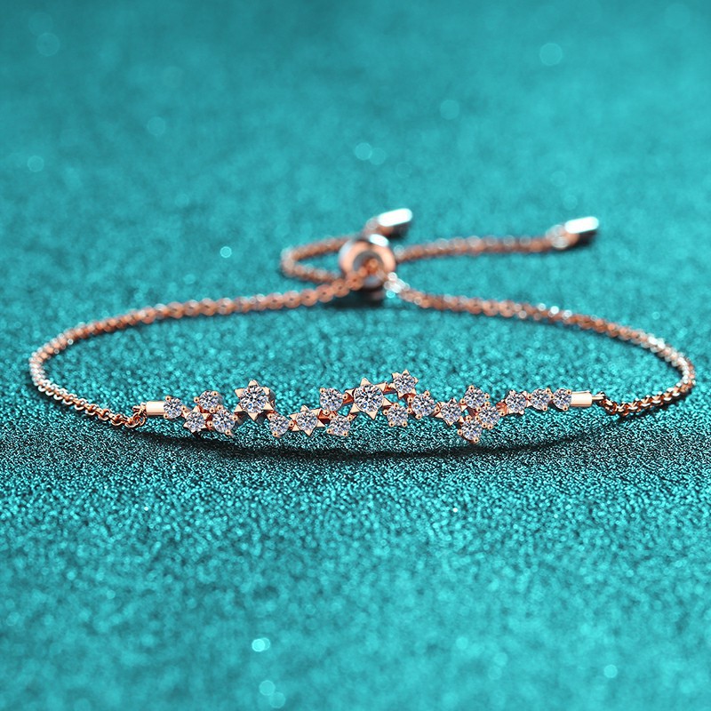 925 Sterling Silver Moissanite Champagne Gold Bracelet with Floral Design, Push Pull Clasp, Luxury Minimalist Fashion Jewelry