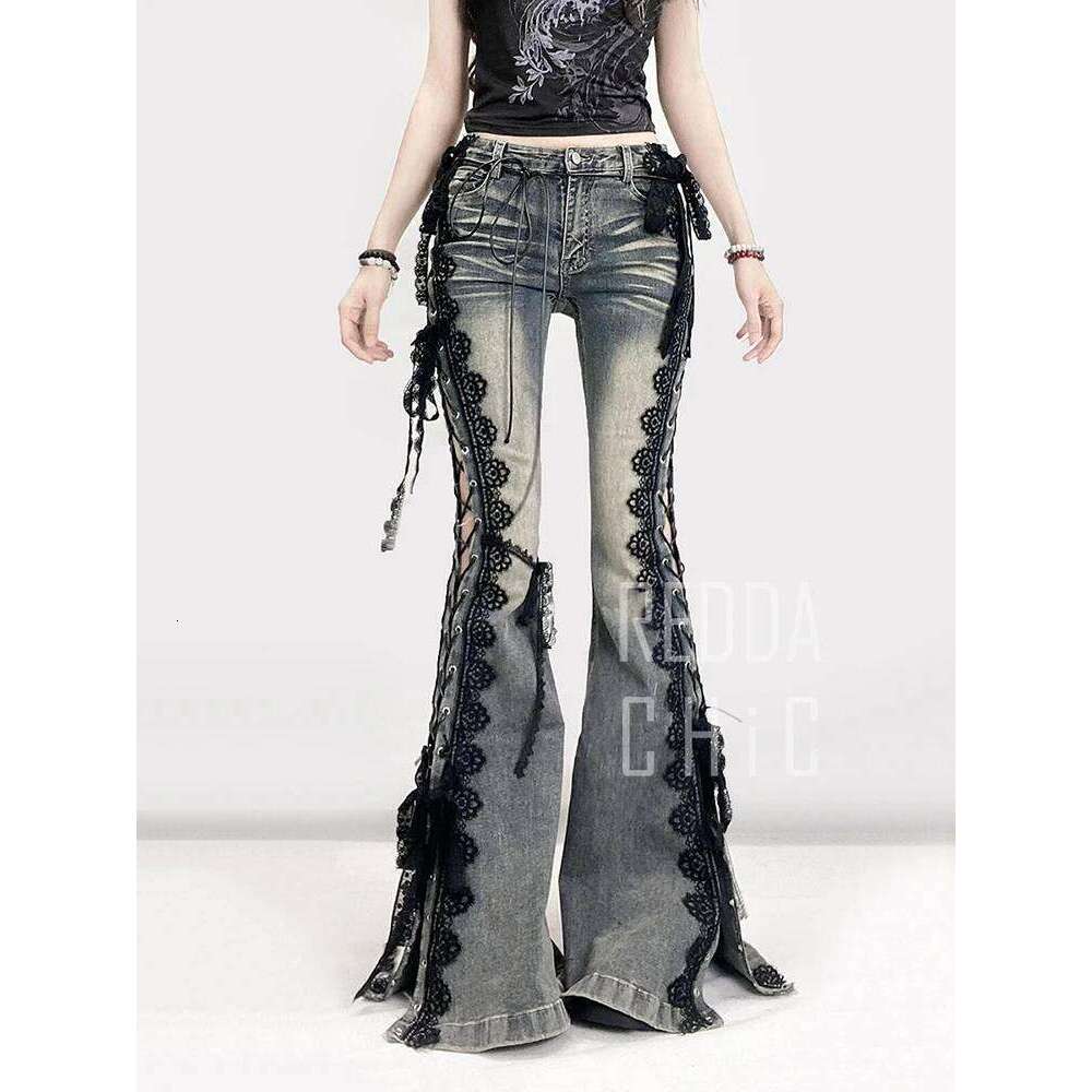 Reddachic Eyelets Up Flare Jeans Retro Lace Whiskers Slim Low Rise Split Bootcut Pants Women Bell Bottoms Streetwear