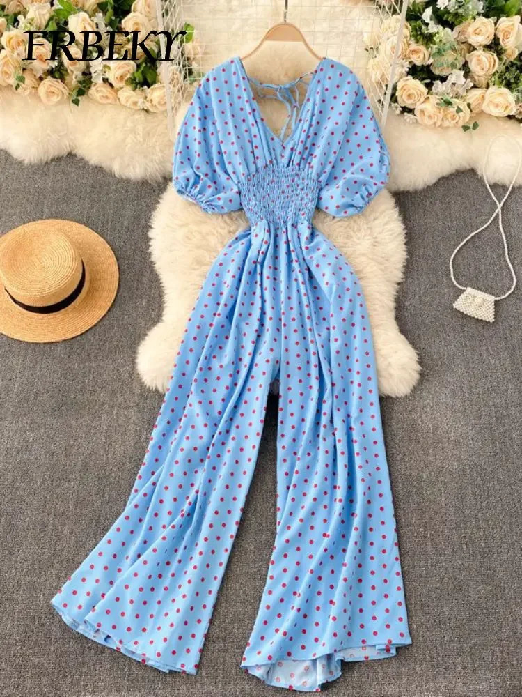 Jumpsuit Women Summer Temperament Polka Dot V-neck High Waist Casual Wide Leg Jumpsuit Elegant Party One Piece Jumpsuits 250530