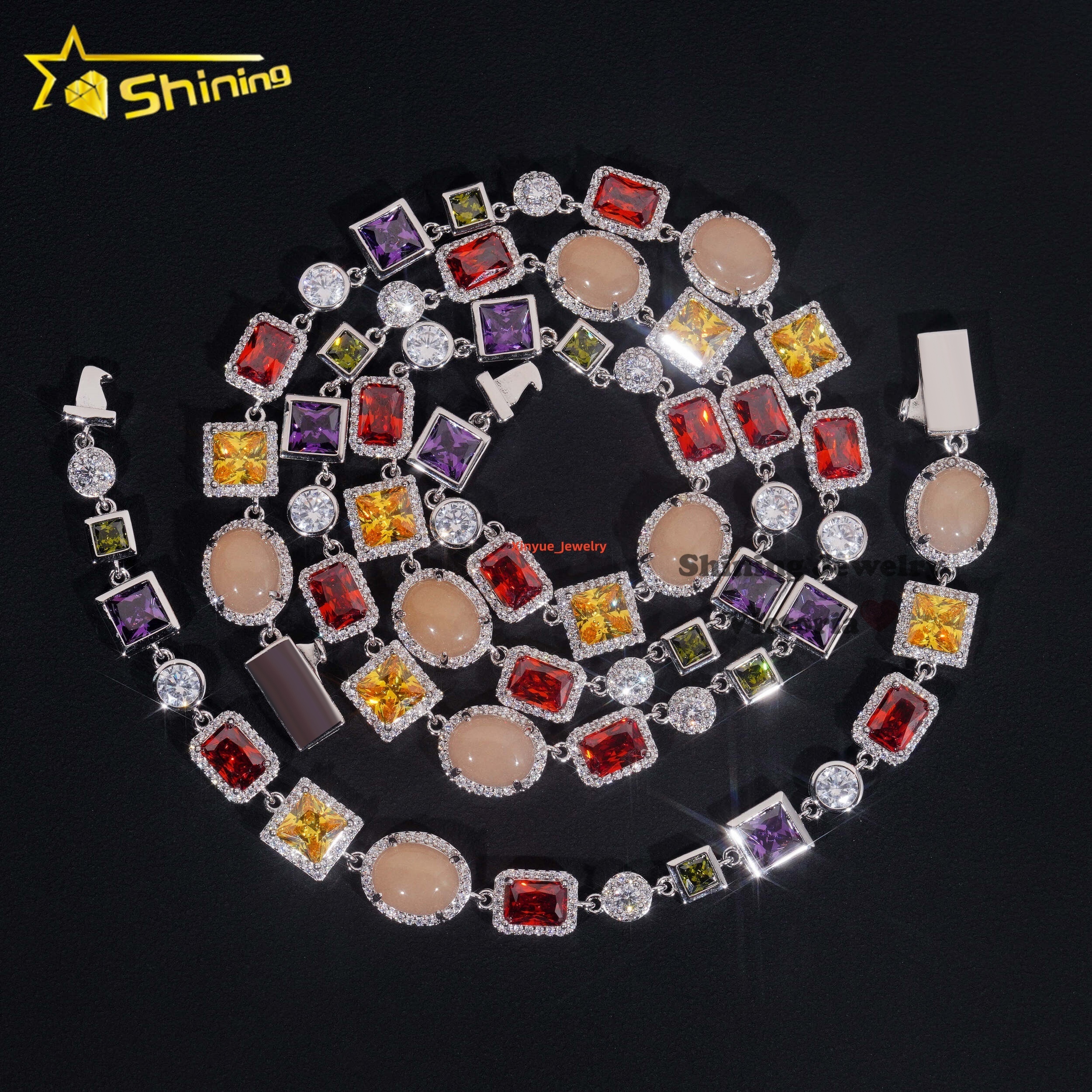 2025 New Design Street Fashion Hip Hop Urban Jewelry Multi Color Gemstone Enamel Tennis Bracelet Iced Out Motif Necklace