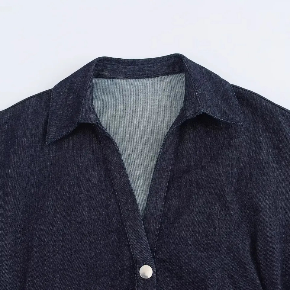 ETJ traf Spring 1975 series denim MIDI dress with lapel side zipper fashion wrinkle waist slim elegant dress 250526