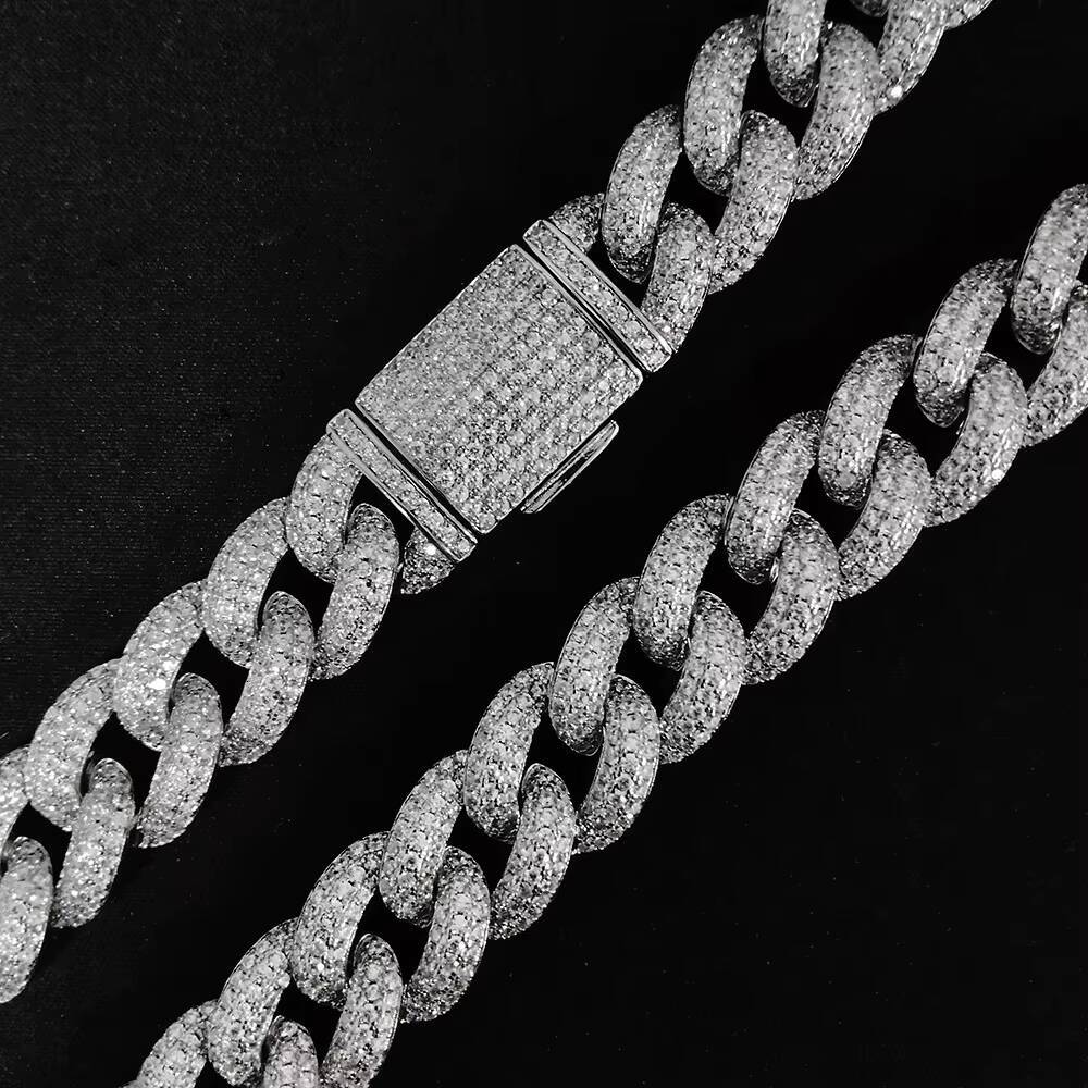 14mm thick hip-hop boutique jewelry necklace, pure sier zircon chilled Miami Cuban chain necklace