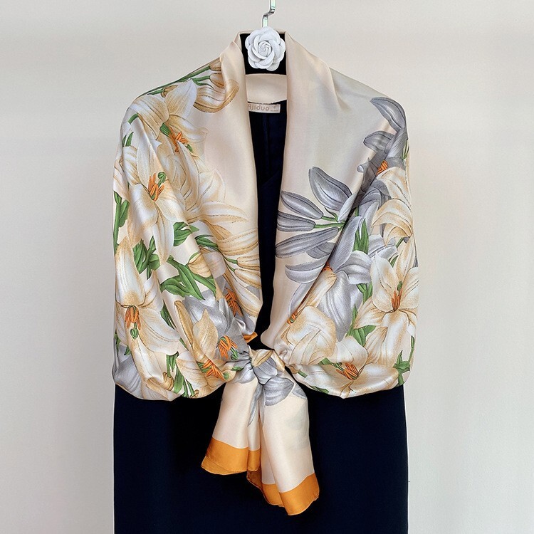 Style Imitation Silk for Women Spring Summer Sun Protection Versatile Printed Scarf Brocade Travel Sunshade Large Shawl