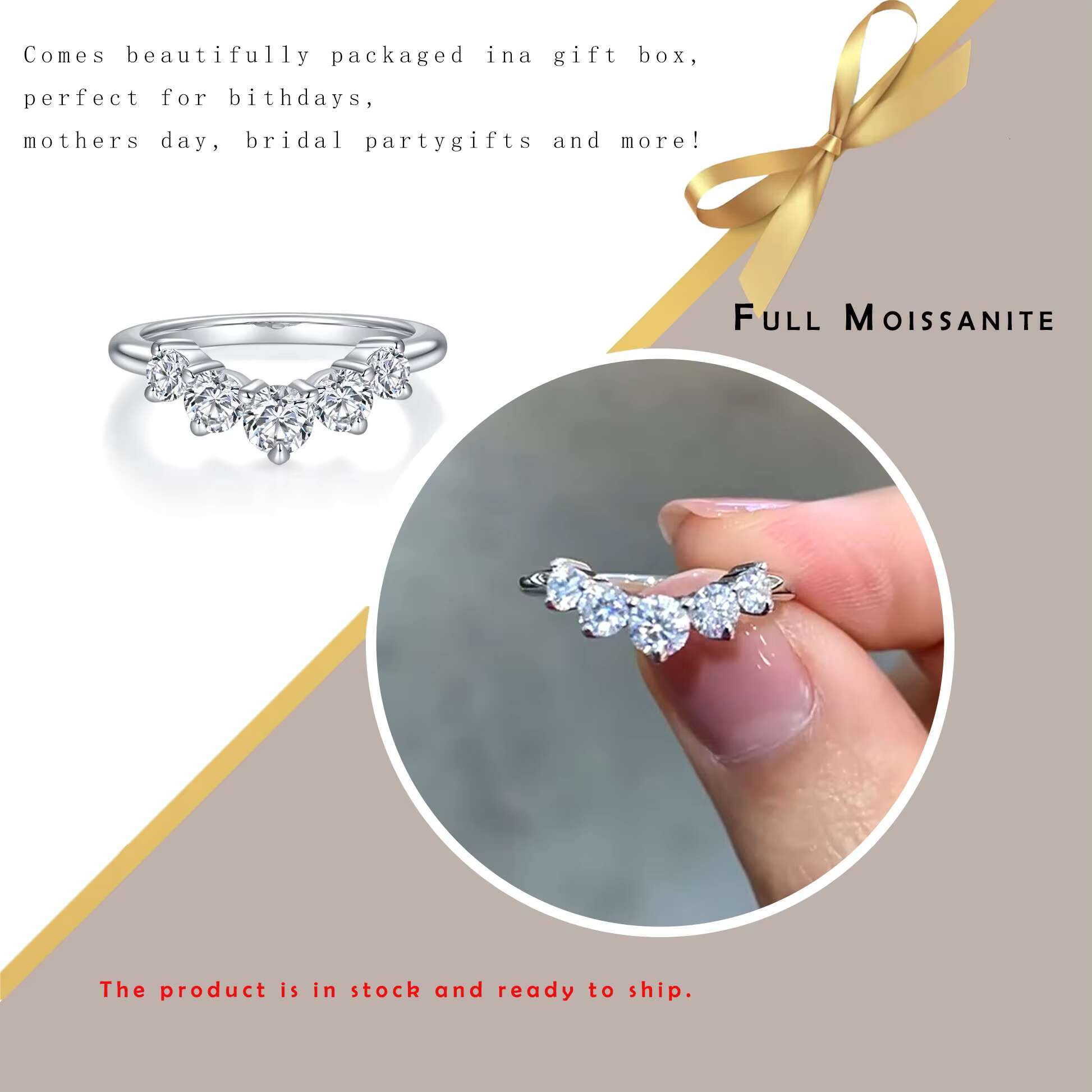 Hot Sale Five Stone Moissanite Ring 925 Sterling Silver Elegant Band Classic Style Wedding Engagement Jewelry for Women