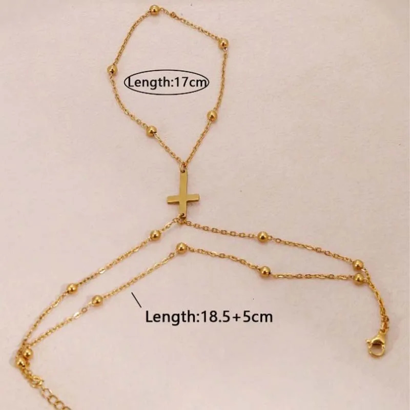 Fashion Metal Double Layer Cross Connected Finger Ring Bracelet for Women Simple Gold Color Bead Link Chain Hand Bangles Jewelry 250528