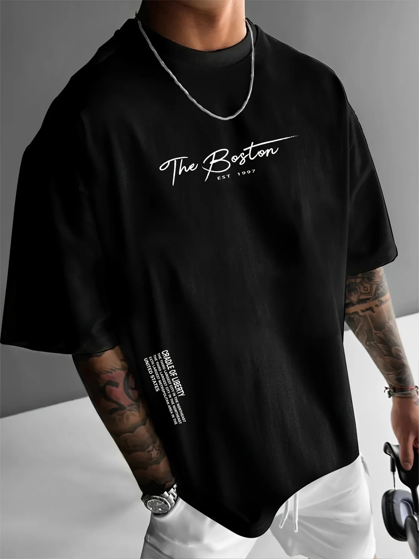 Mens Casual Fashion T-shirt Printed Cotton Boston Slogan Letter Crew Jumper Summer Daily Outdoor Sports Leisure Sports 250530