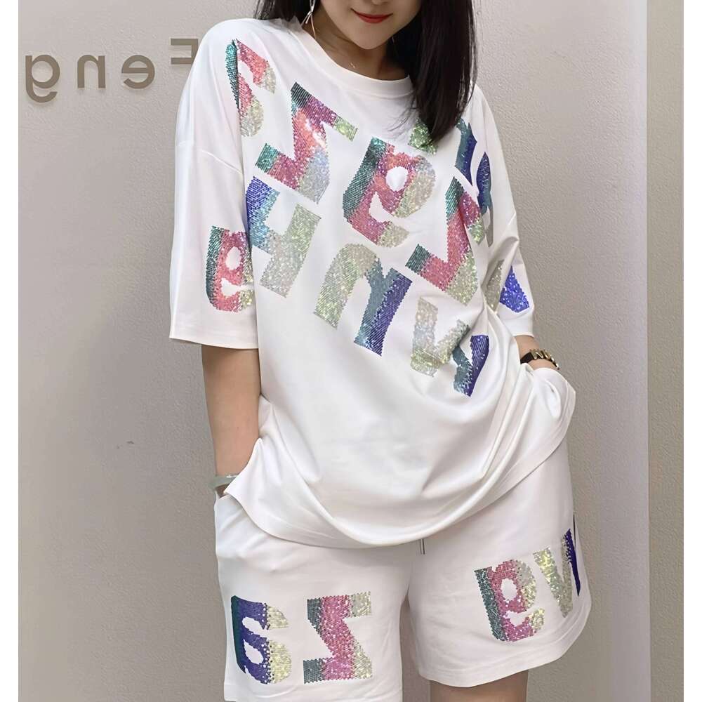 Oversized summer short-sleeved T-shirt and shorts casual set, Rhinestone wide-leg pants two-piece women's set