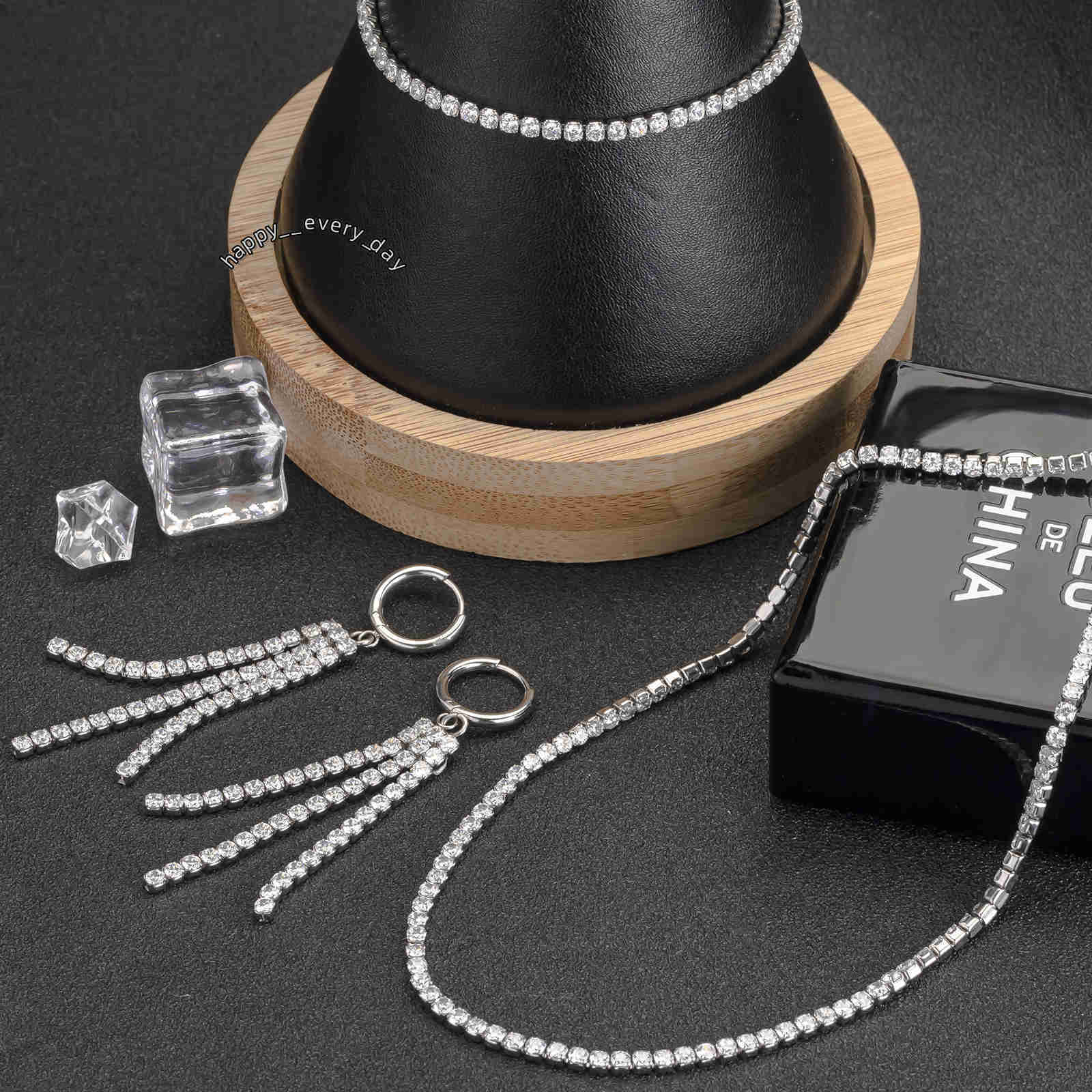 3PCS Bridal Wedding Jewellery Iced Out Cubic Zirconia Diamond Tennis Chain Bracelet Necklace Earring Jewelry Set