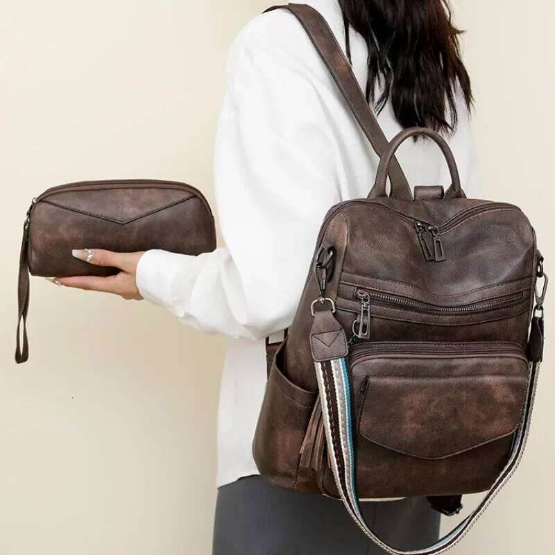 For Women Large Womens Backpack Leather Travel Fashion Purse Designer Ladies Shoulder Bags With Tassel Two-Toned Brown