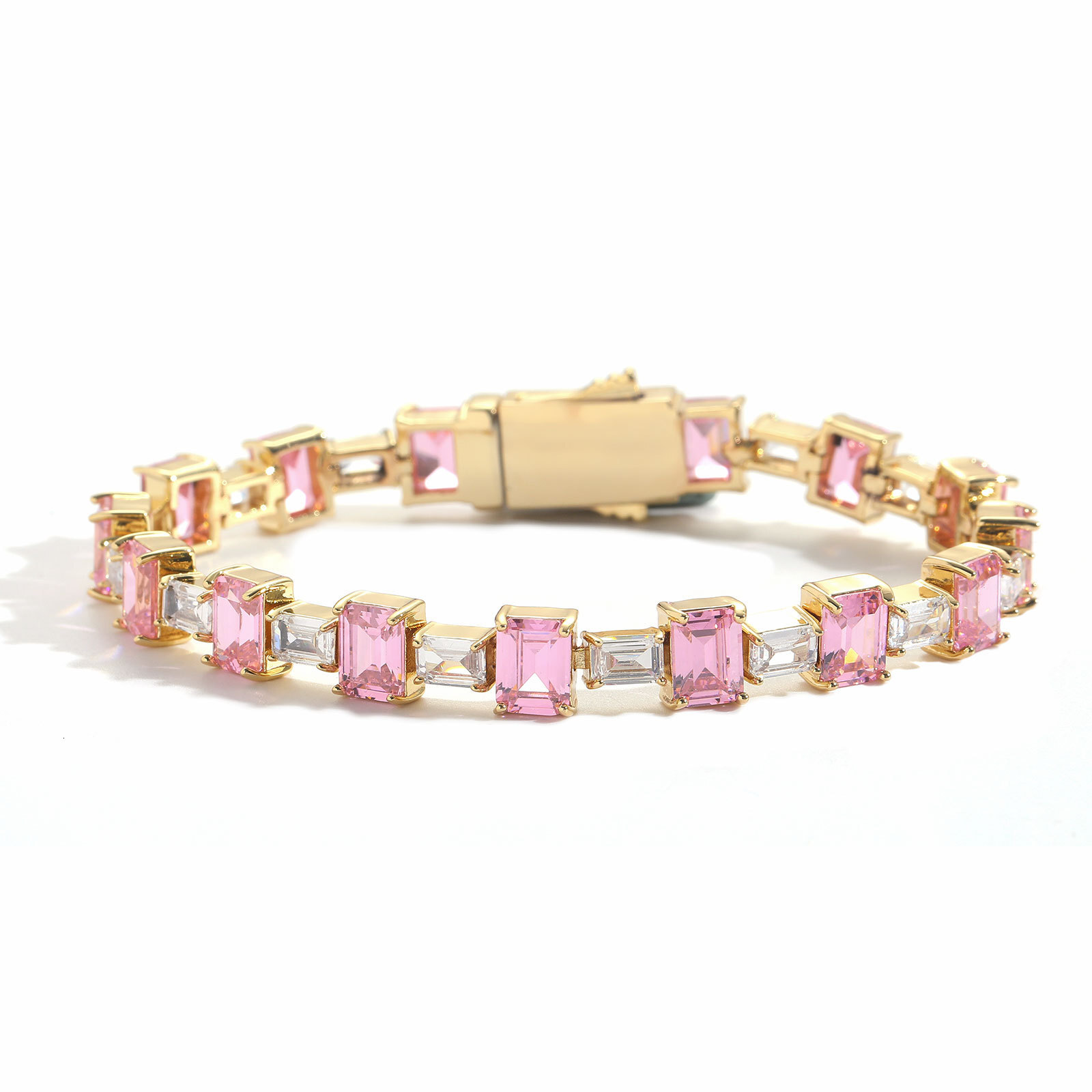 Hip Hop Bracelet Pink Color Block Square Moissanite Simple Tennis Chain Personality Hip Hop Moissanite Unisex Hip Hop Trendy Brand Bracelet moissanite