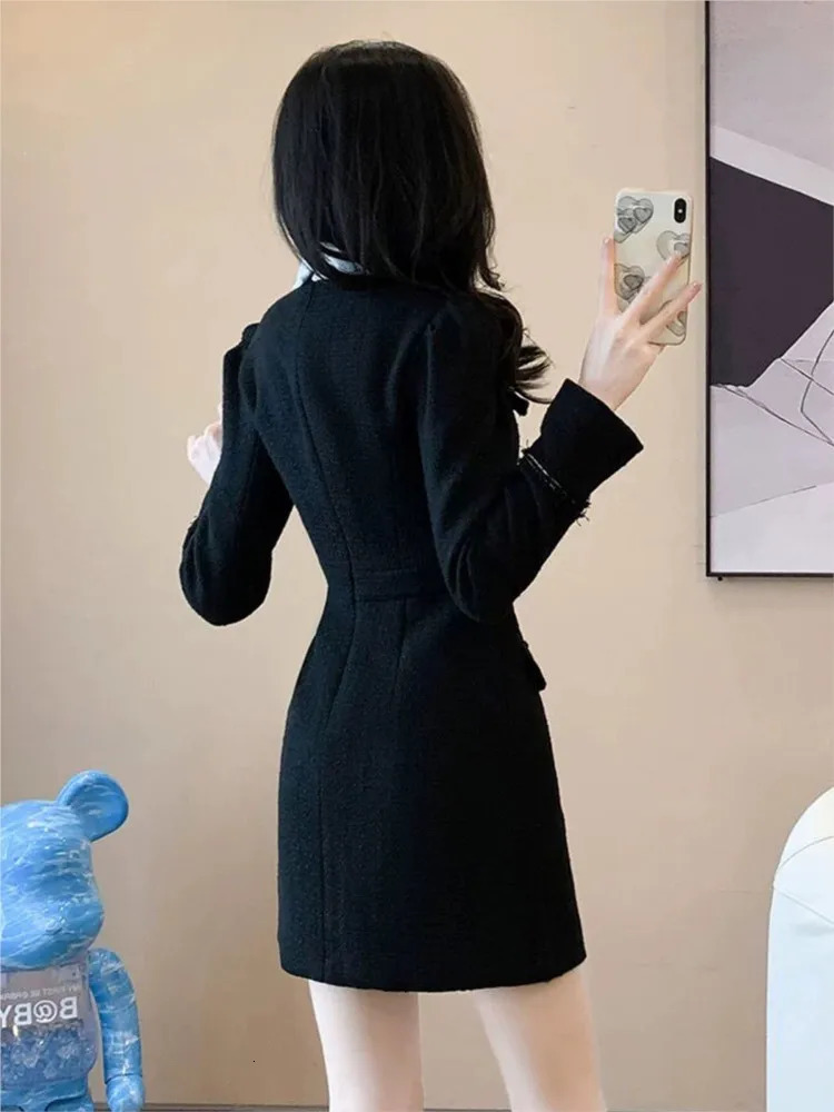 Lady Elegant Tweed Short Dress For Women Turn Down Collar Metal Buttons Autumn Dress Slim High Waist Black Fashion Dress 250529