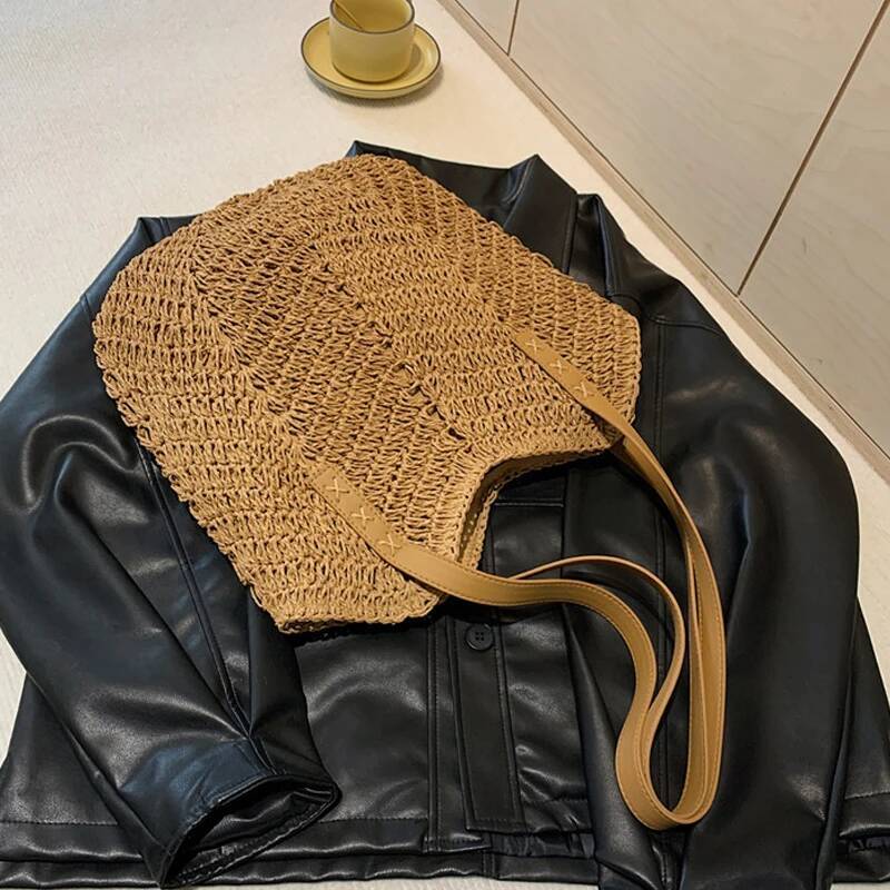 2025 New Handmade Fashion Straw Women's Shoulder Bag with Bow Scarf Suitable for Travel Beach Designers, Girls' Shopping Bag, Female Style