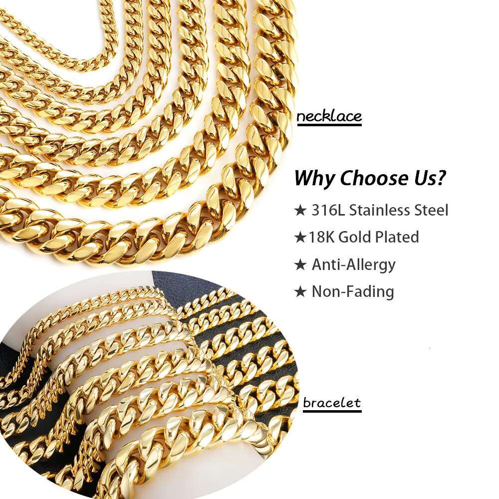 Wholesale Fashion Luxury Mens Hip Hop Cuban Link Chain Jewelry Women 8/10/12/14mm 18k Gold Plated Stainless Steel Miami Cuban Bracelets