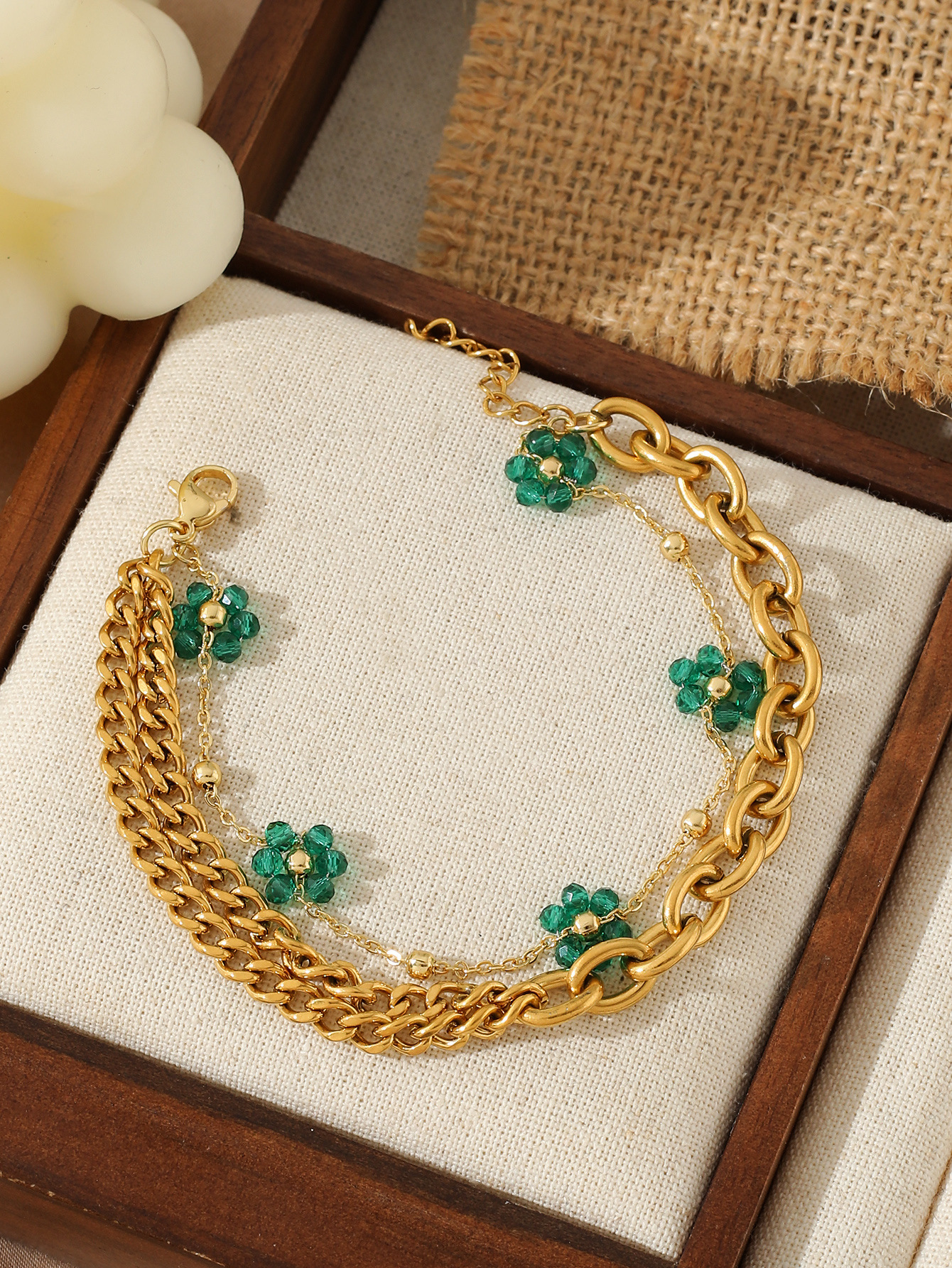 Titanium Two-Layer Stacked Colorful Crushed Stone Gold-Plated Stainless Steel Bracelet