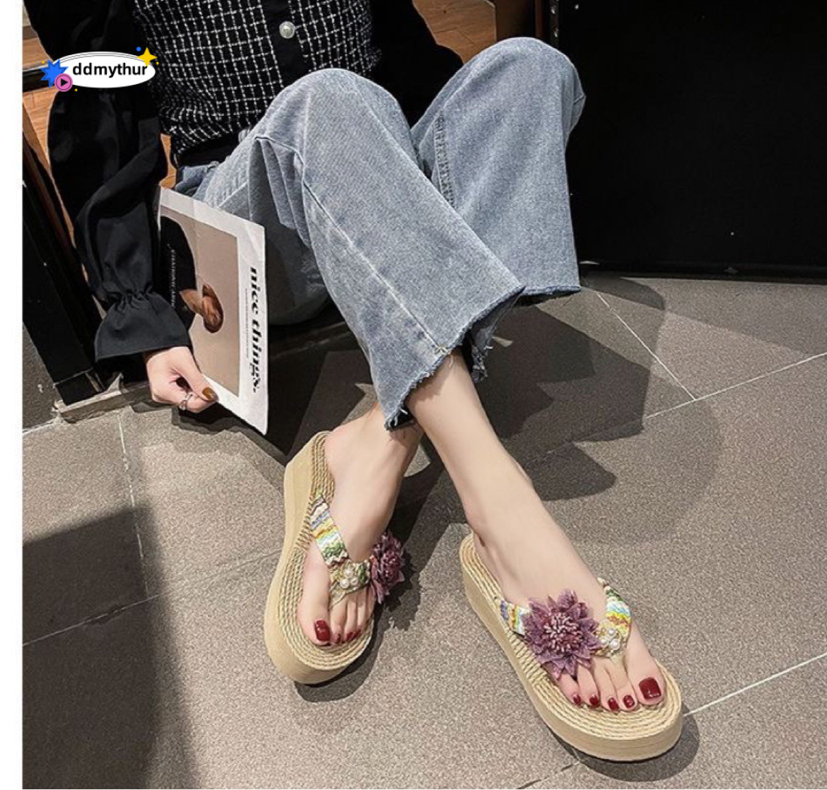 New Fairy Style Wedge Flip-Flops for Women Summer Fashion Straw Woven Flower Thick Sole Casual Pastoral Vacation Beach Sandals ddmythur