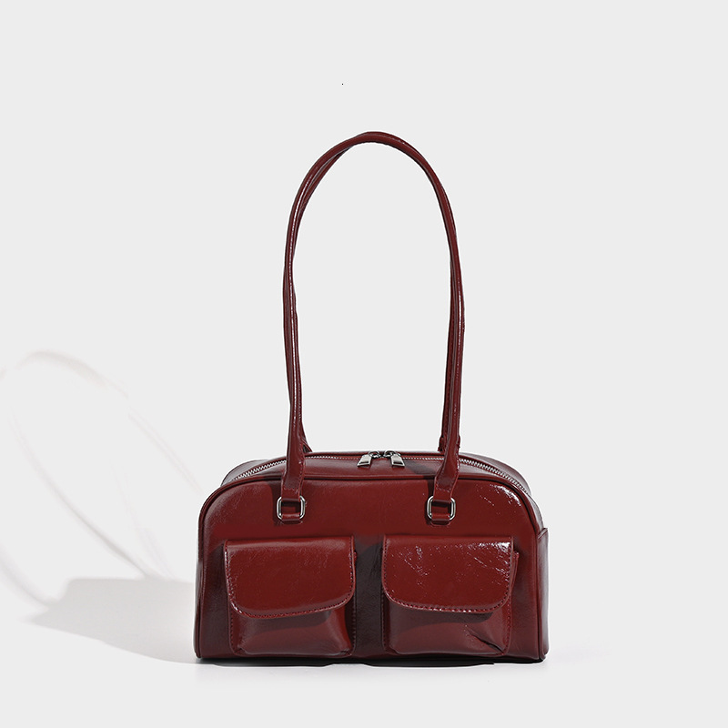 designer Korean Hyunjin Seo Yoon-jung Same Style Oil Wax Leather Bowling Bag Multi-pocket Underarm Bag Commuter Handbag Shoulder Bag