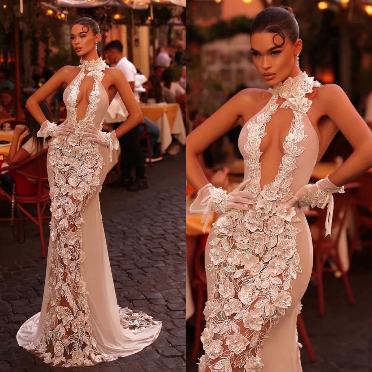 Sexy Mermaid Wedding Dress High Collar Sleeveless Bridal Gowns 3D Appliques Sweep Train Dresses Custom Made vestidos de novia