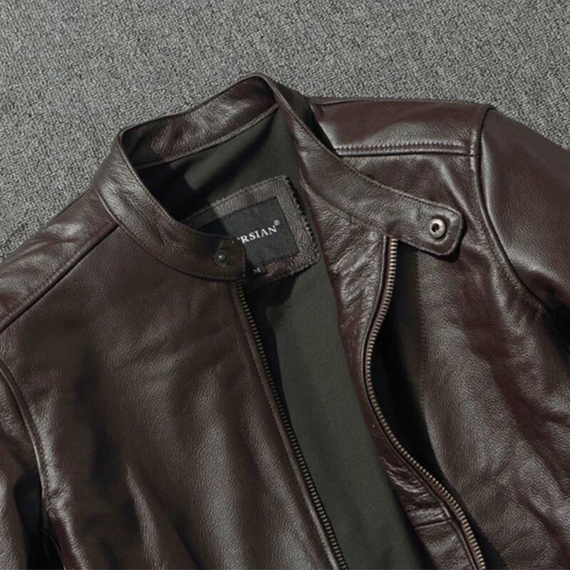 Top Layer Cowhide Fashion Slimfit Stand Collar Leisure Bomber Jacket 100% Genuine Leather Men's Vintage Short Zipper M