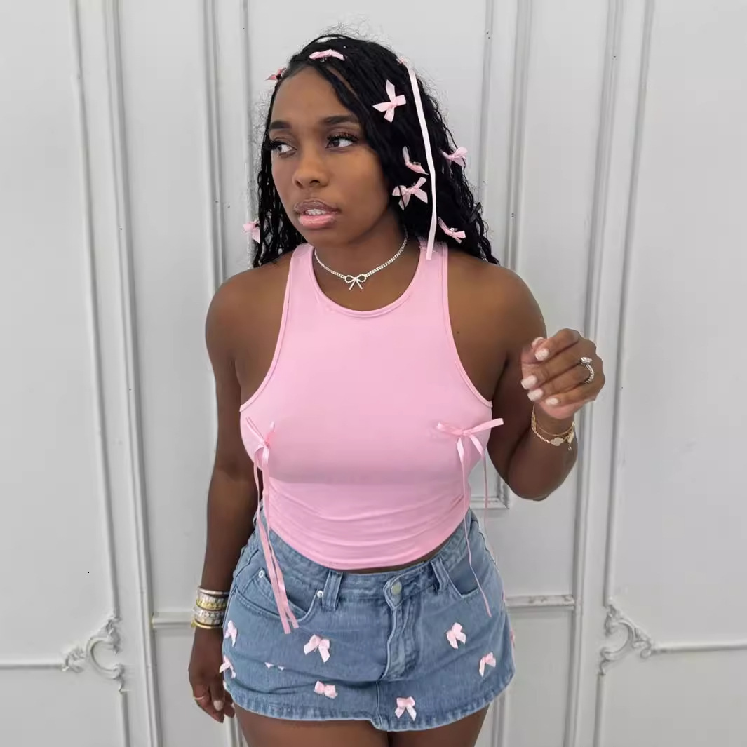 Designer T Shirt Summer New European And American Style Slim Fit Fashion Solid Color Bowknot Girl S Short Crop Top Vest Essentials Summer Dress