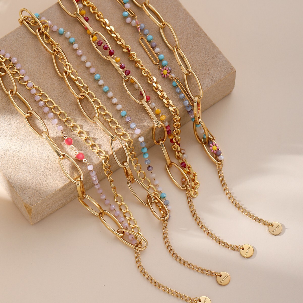 Stainless Steel Bohemian Minimalist Metal Women's Set of 5 Layered Chain Bracelets