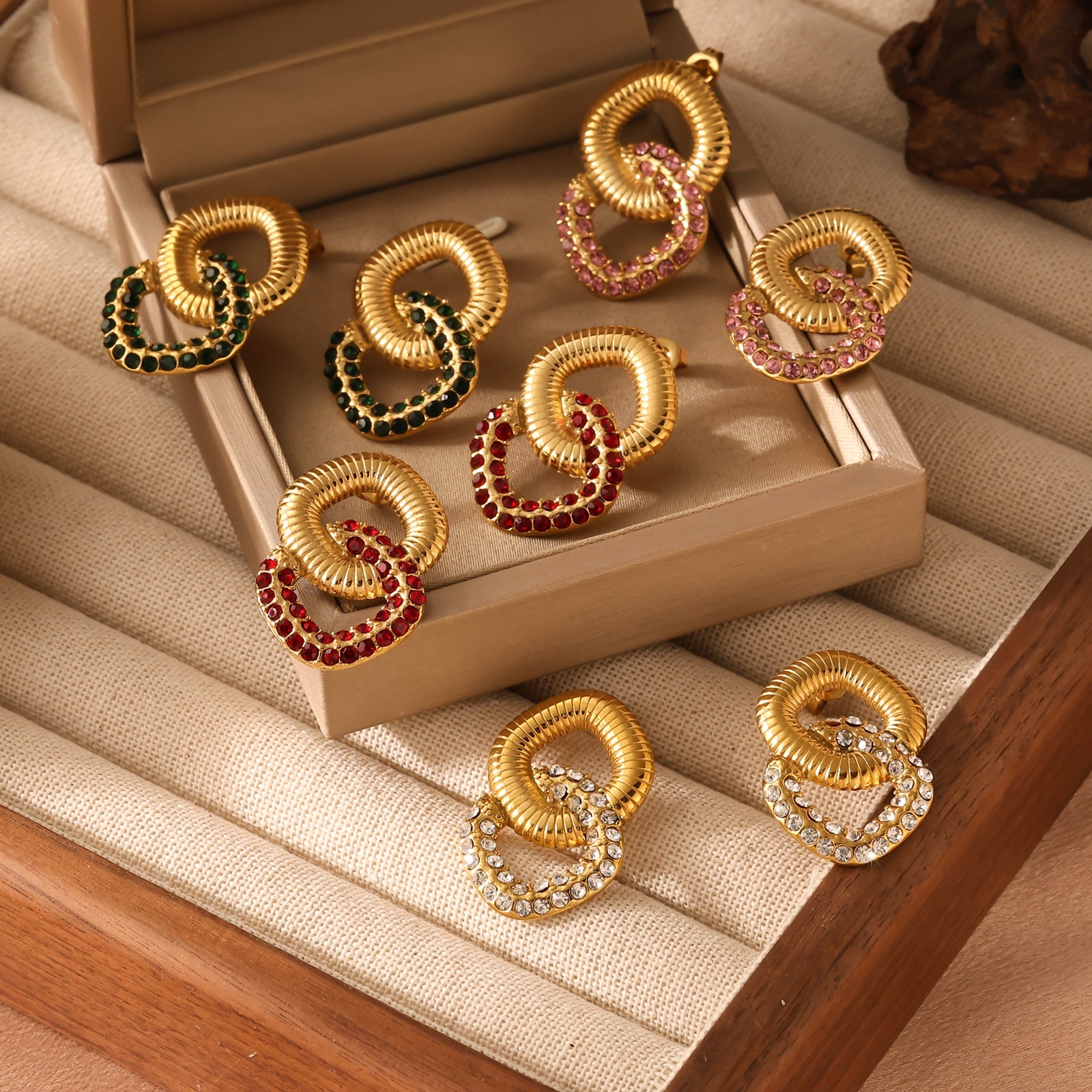 Gold Stainless Steel Inlaid Zircon Double Layer Non-Fading Earrings Jewelry