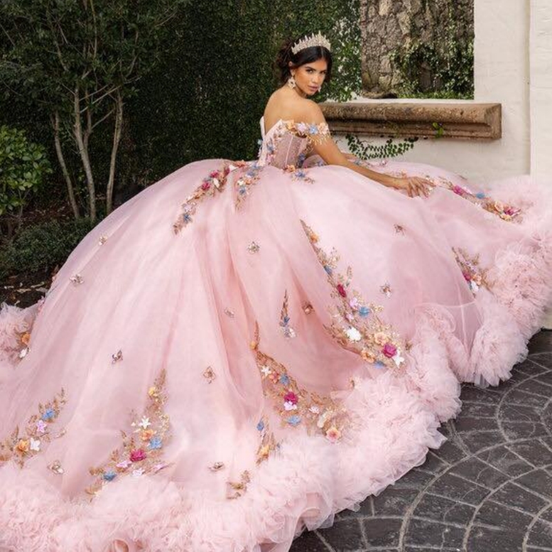 Pink Quinceanera Dresses Ball Gown Off The Shoulder Applique Flower Beading Crystal Tiered Tull Party Birthday Sweet 16 Dress Vestidos 15 Anos