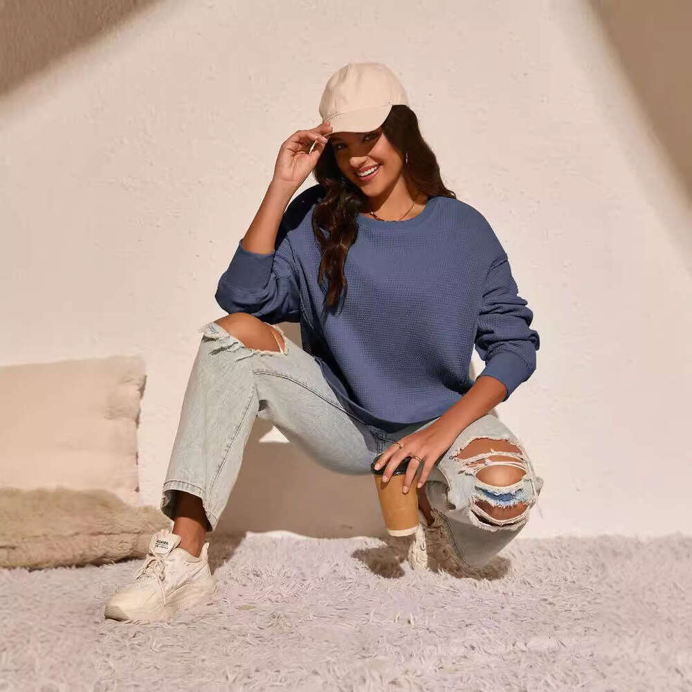 Fashion Women's Round Neck Split Solid Color Loose Casual Long Sleeve Pullover Lazy Sweatshirt