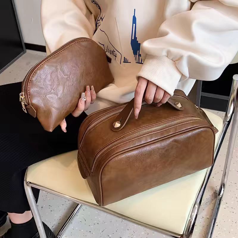 designer High-End Portable Handheld Matte Leather Makeup Bag Large Capacity Double Zipper Mother-Daughter Two-Piece Set Toiletry Storage Bag