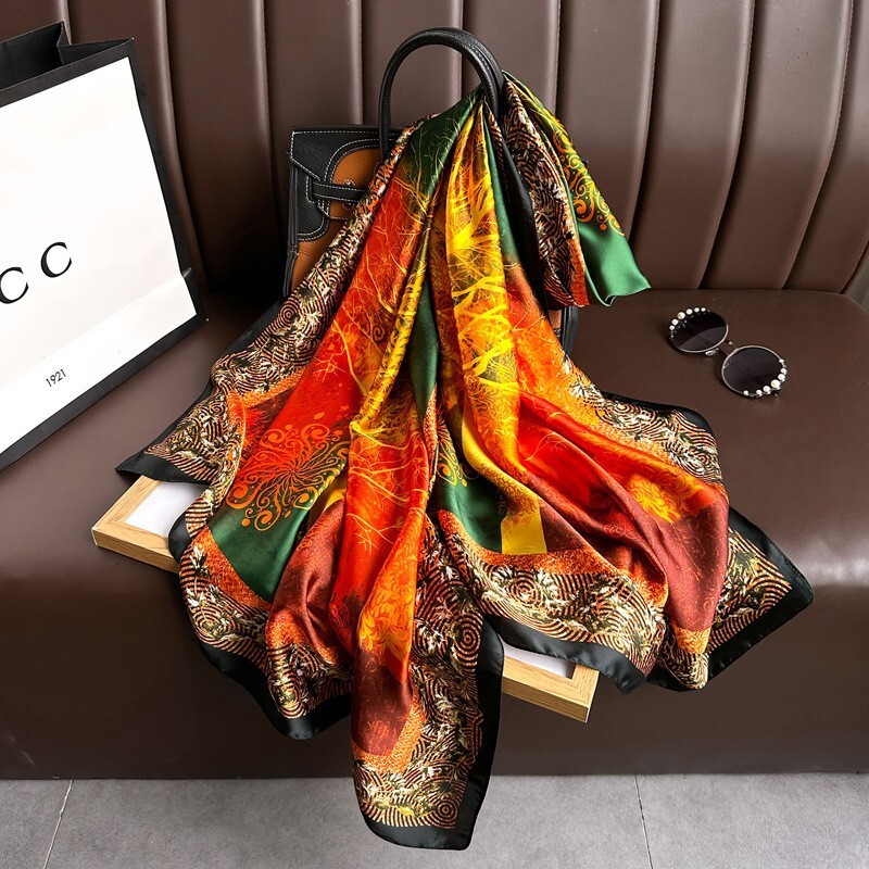 Spring Summer New Faux Silk for Women Peacock Print Sun Protection Fashionable Versatile Travel Sunshade Long Scarf
